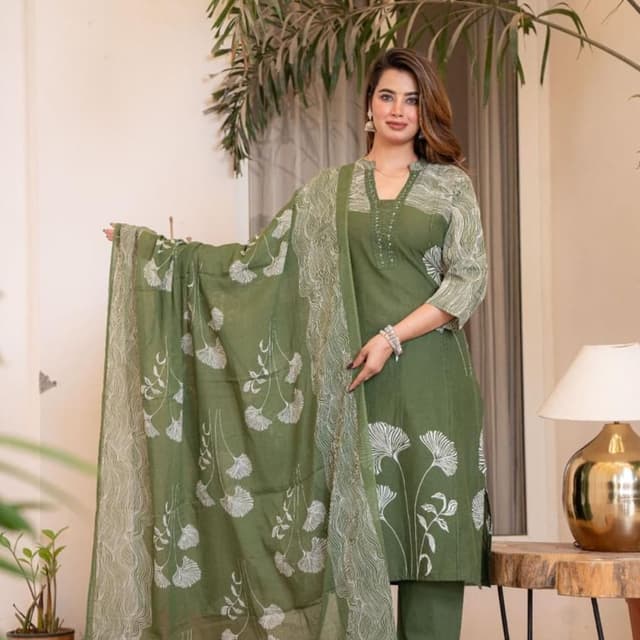 Olive Green and White Salwar Kameez with Dupatta