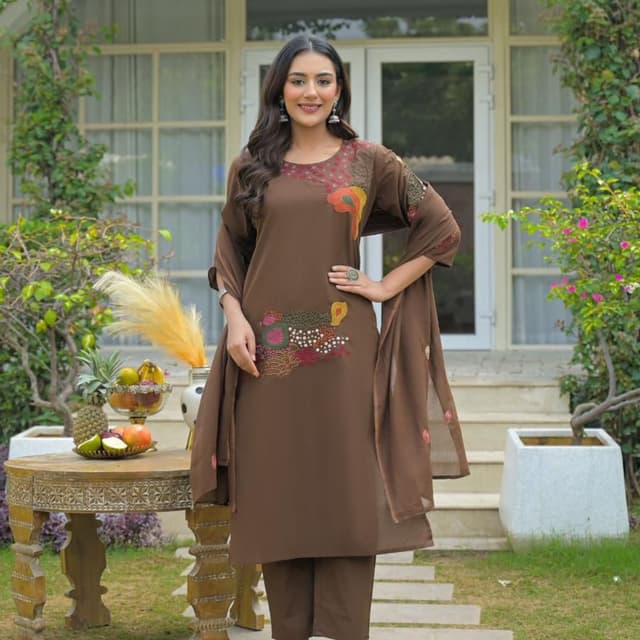 Brown, with multicolor embroidery accents Salwar Kameez with Dupatta