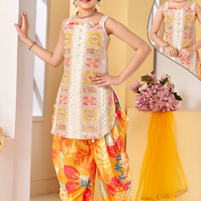 Yellow, Orange, Pink, White, and hints of Blue and Green Salwar Kameez (specifically a Dhoti Salwar Suit)