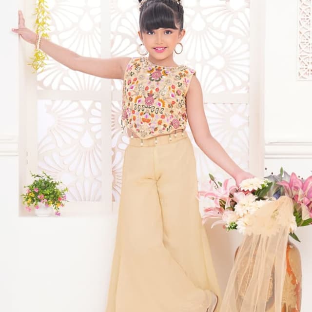 Beige, Floral Print with Pink, Orange, and Green accents Top and Palazzo Pants Set
