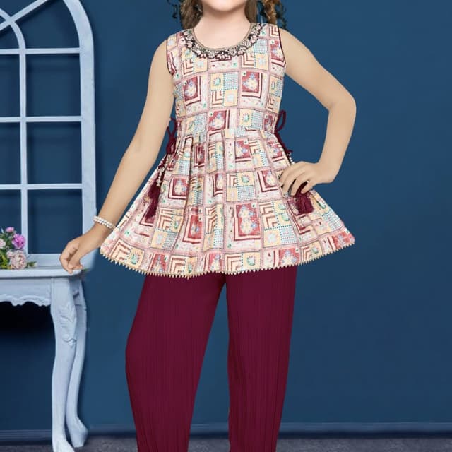 Multi-colored with dominant shades of maroon, cream, and hints of blue and yellow Kurta with Palazzo Pants