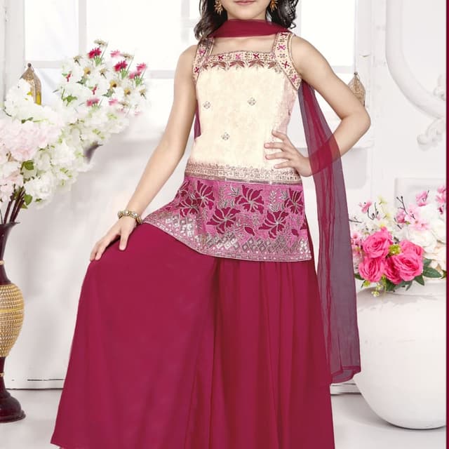 Cream, Maroon, Gold Sharara Suit