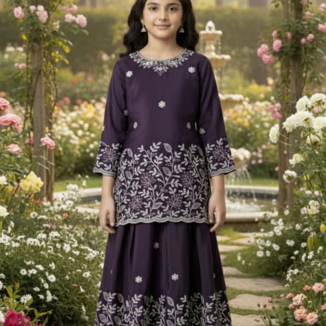 Deep Purple and White Kurta and Skirt Set