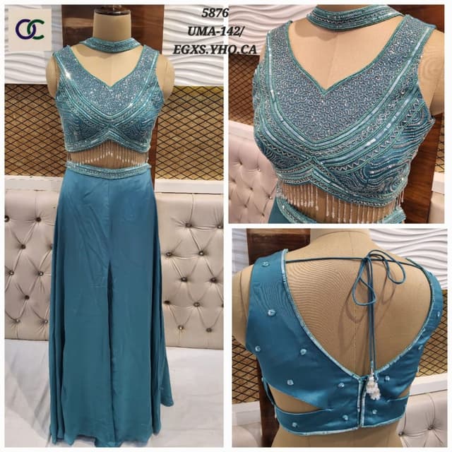 Teal, Silver Crop Top and Palazzo Set