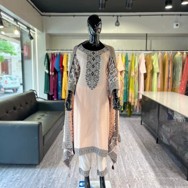 Pale Pink, Black, White Kurta Set with Shawl