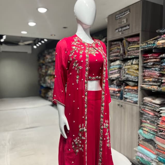 Red, White, and Green Skirt Set with Jacket