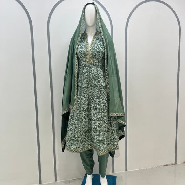 Olive Green, White, and Gold Anarkali Suit Set