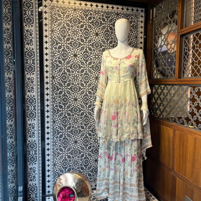 Pale yellow, pink, and hints of green with a white base. Sharara suit