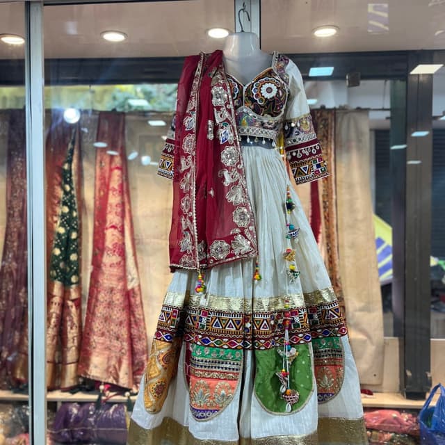 Ivory, Red, Multicolor (Green, Orange, Yellow, Blue) Lehenga Choli