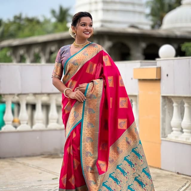 Red, Gold, Teal, Gray Saree