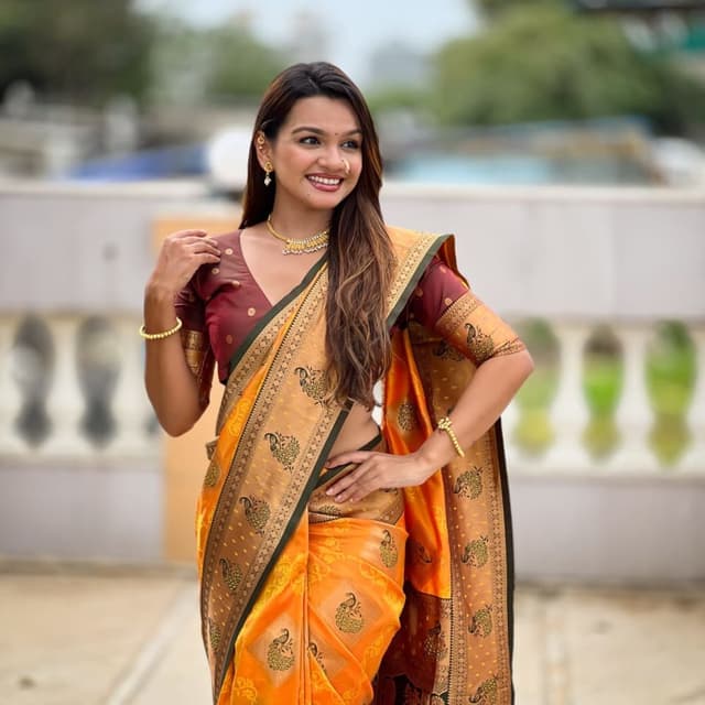 Orange, Brown, Gold, Green Saree