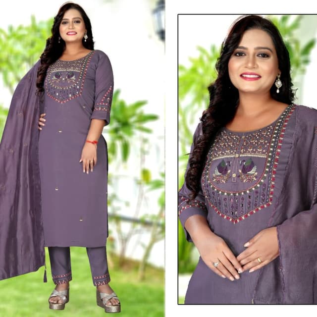 Mauve, with accents of gold, red, and green Salwar Kameez Suit with Dupatta