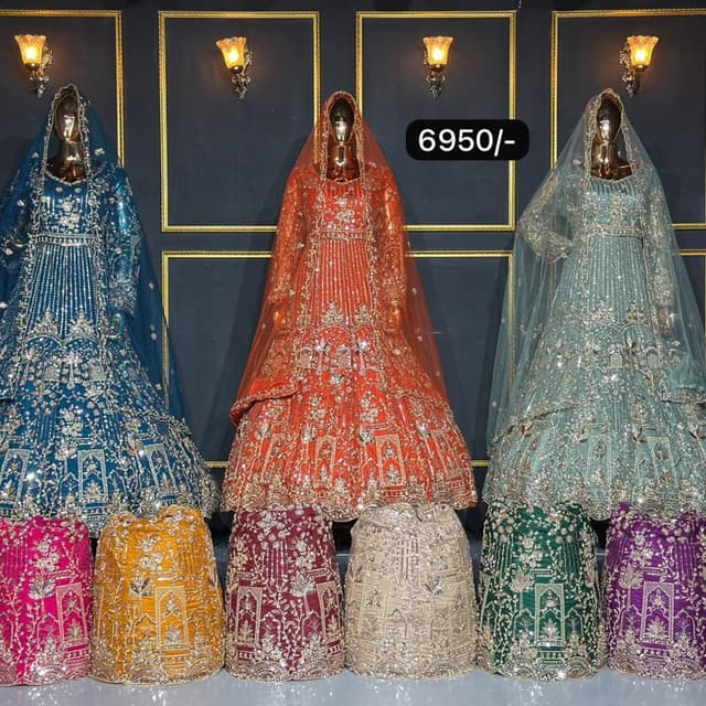 Various, including Blue, Red/Orange, Green, and Purple with gold and silver accents Lehenga Choli