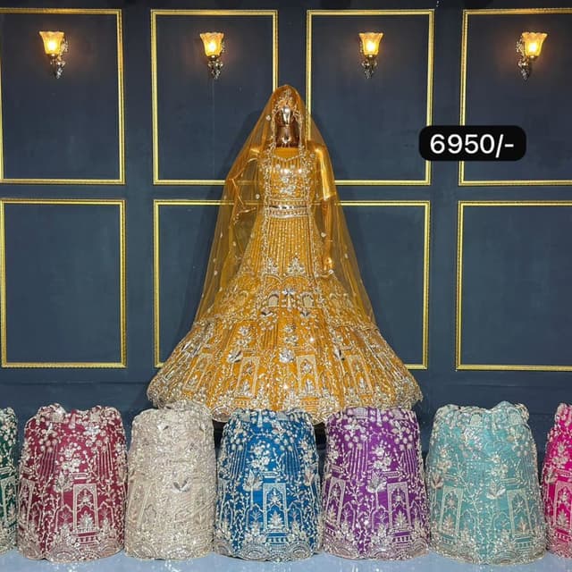 Mustard yellow with silver and gold accents. Lehenga Choli