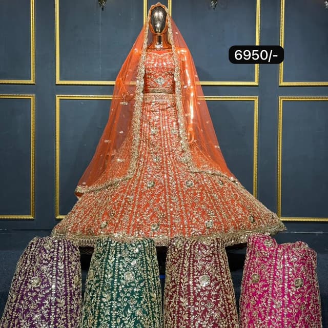 Orange and Gold, with options in Purple, Green, Burgundy, and Pink Lehenga Choli with Dupatta