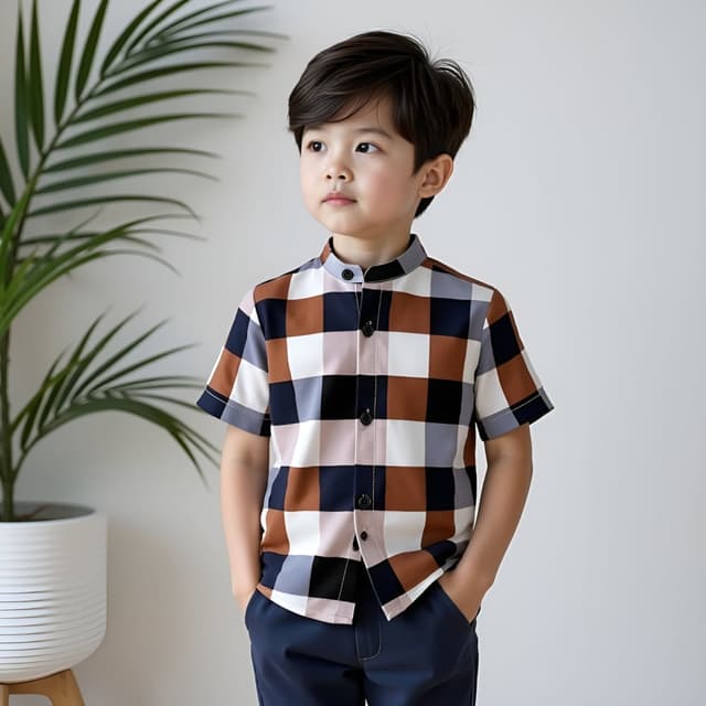 Brown, Navy, White, Black, and Gray Shirt