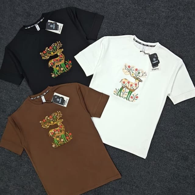 Black, White, Brown with Multi-colored Embroidery T-Shirt