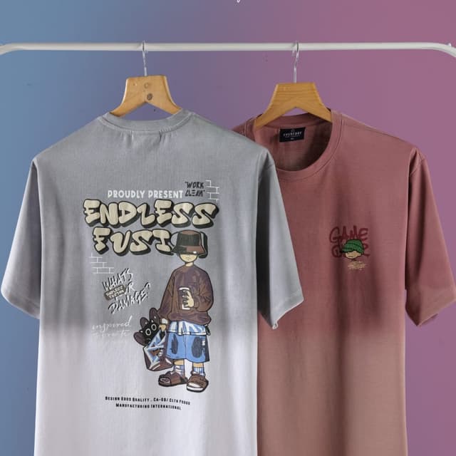 Gray and Dusty Rose, with accents of brown, blue, and green in the graphic prints. T-shirts