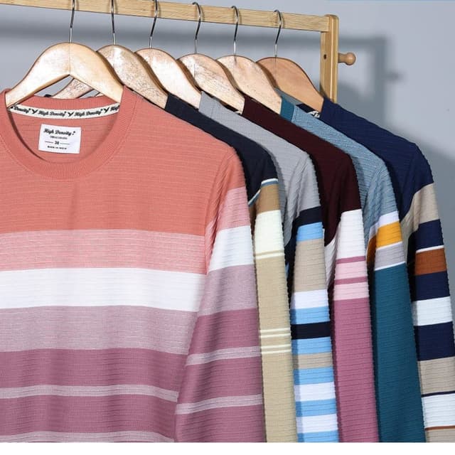 Various, including peach, white, pink, navy, gray, burgundy, and teal, often in striped combinations. T-shirt