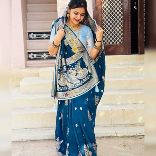 Teal, Gold, Silver, Light Blue Saree