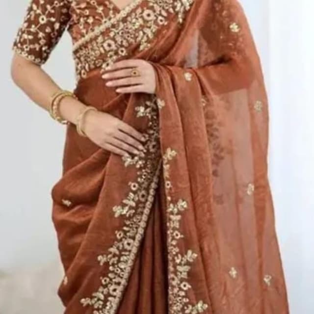 Brown, Gold Saree