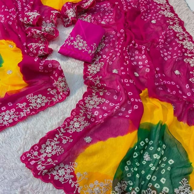 Pink, Yellow, Green, White Saree