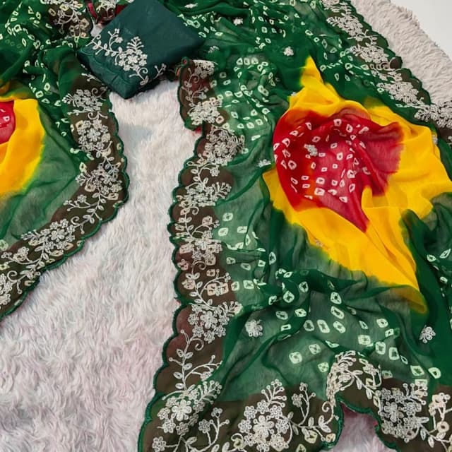 Green, Yellow, Red, White Saree