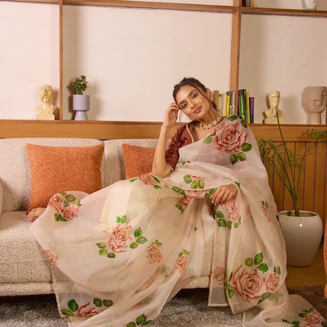 Ivory, Peach, Green, and Brown Saree