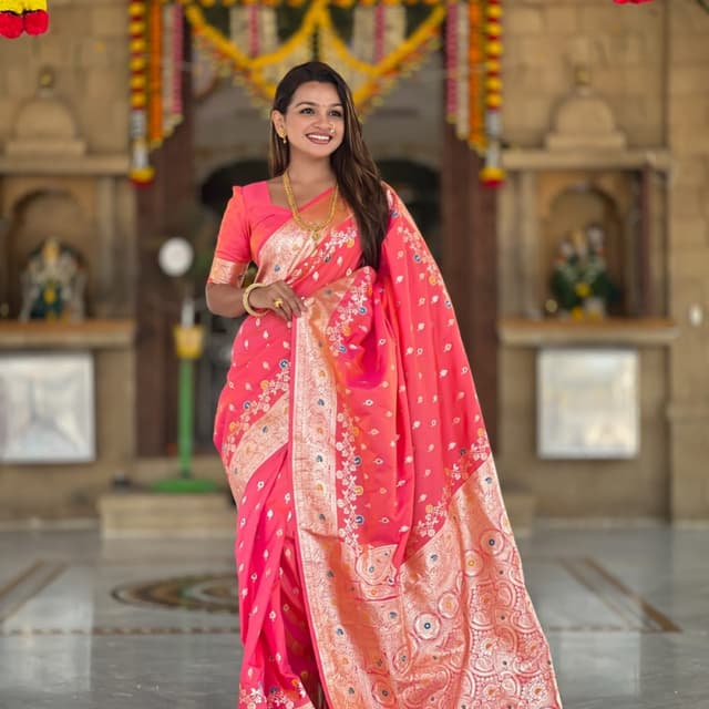 Pink, Gold, and touches of blue and white Saree