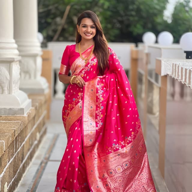 Hot Pink, Gold, and Multi-color accents Saree