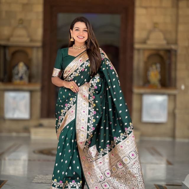 Emerald Green, Gold, Pink, White Saree