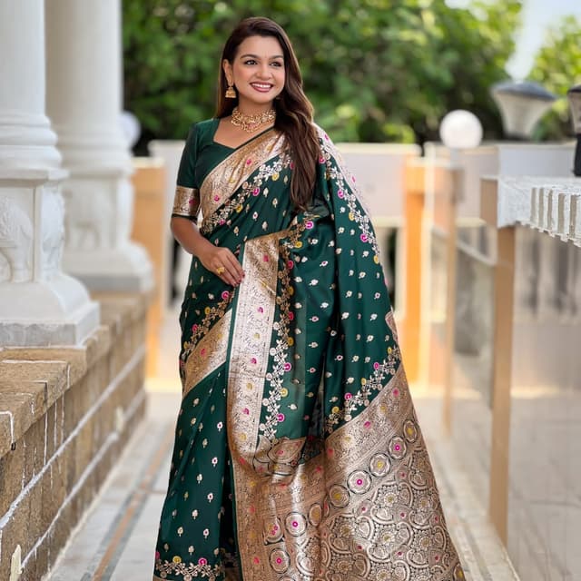 Emerald Green, Gold, Pink, Yellow Saree