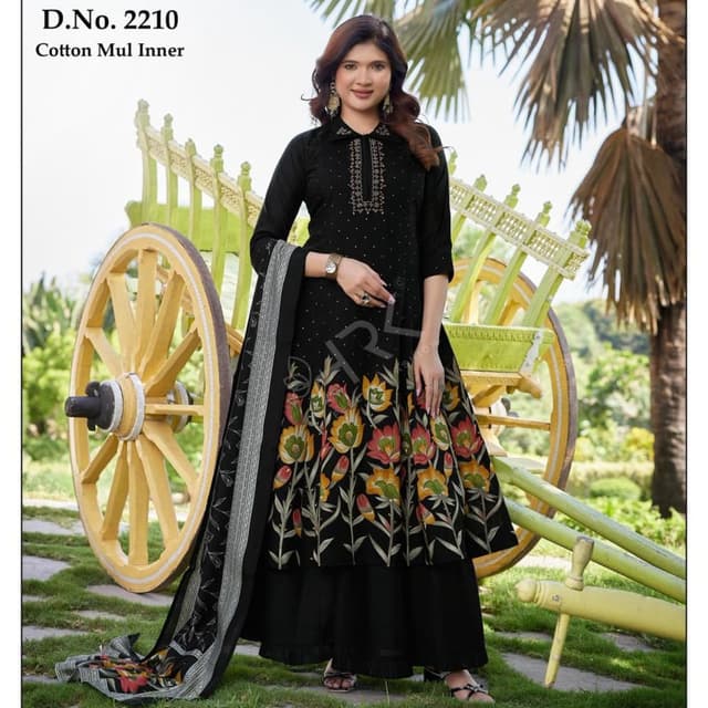 Black, Multi-colored floral print Salwar Kameez with Dupatta