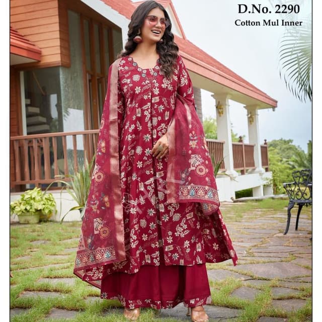 Burgundy with floral print in white and subtle green accents, border details in a mix of beige, gold, and other complementary colors. Salwar Kameez Suit with Dupatta