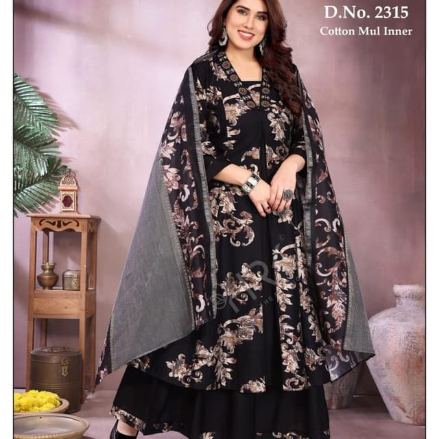 Black with floral patterns in shades of brown and beige, and a grey dupatta Anarkali Suit with a dupatta