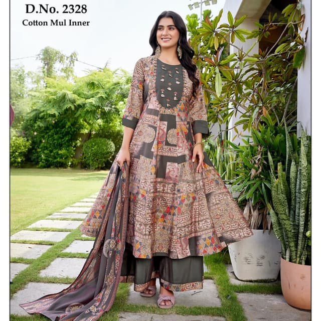 Earthy tones with accents of red, yellow, and blue Anarkali Suit