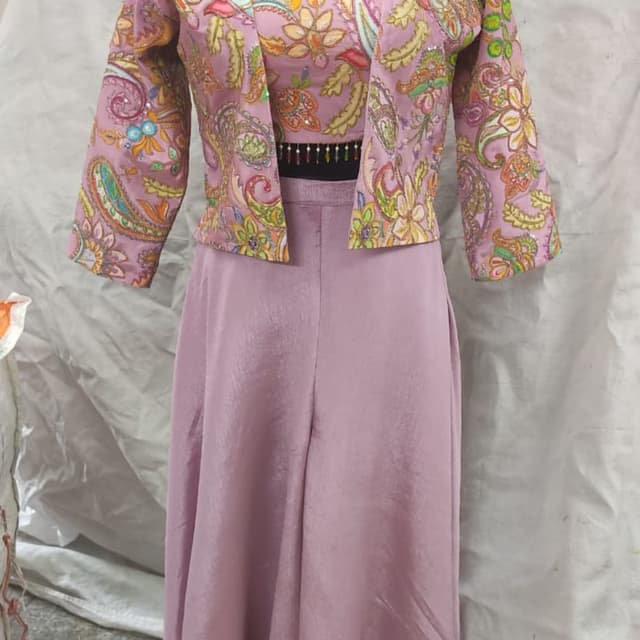 Mauve, with multicolored accents of yellow, green, orange, and blue Jacket with palazzo pants