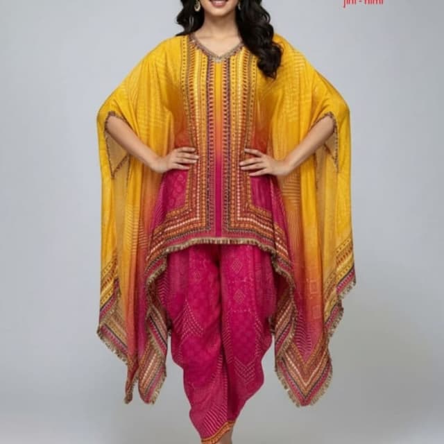 Yellow and Fuchsia Kaftan top with Dhoti Pants