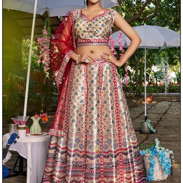 Gold, Red, Blue, Cream Lehenga Choli