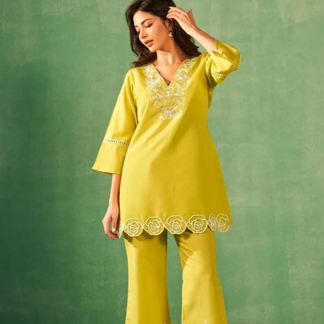 Yellow and White Kurta and Pants Set