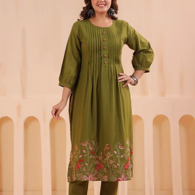 Olive Green with Red and Pink accents Kurta