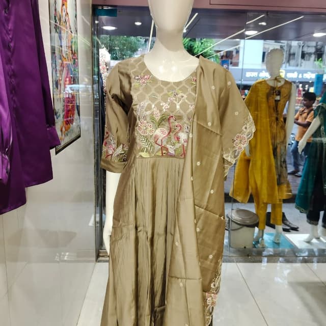 Olive green with multi-colored embroidery Anarkali Suit