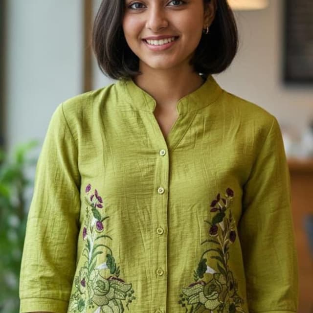 Green, with embroidery in shades of green, purple, and brown. Shirt