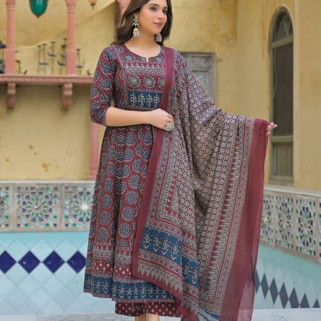 Burgundy, Teal, and Cream Anarkali Suit Set