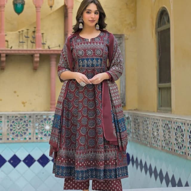 Maroon, Blue, and White Kurta with matching bottoms and dupatta