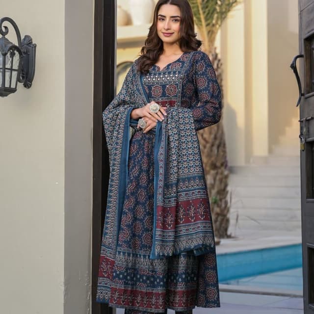 Deep blue, maroon, and beige Salwar Kameez with Dupatta