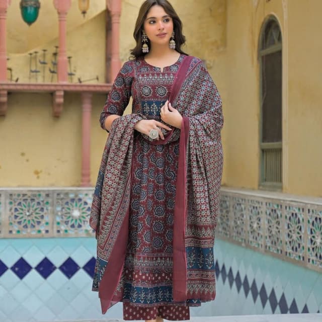 Maroon, Navy Blue, Teal, and Off-White Salwar Kameez Suit with Dupatta