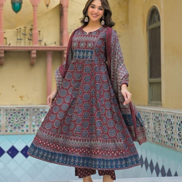 Maroon, Navy Blue, and White Anarkali Suit Set with Dupatta