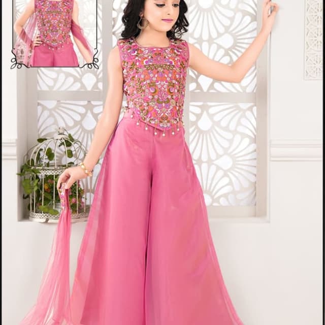 Pink, with accents of gold, green, and orange in the embroidery Palazzo Suit