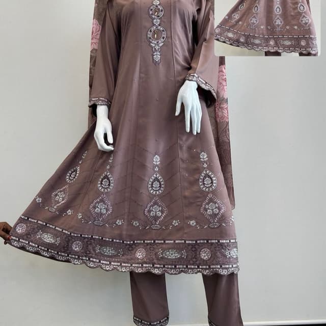 Mauve with Silver and White accents Anarkali Suit